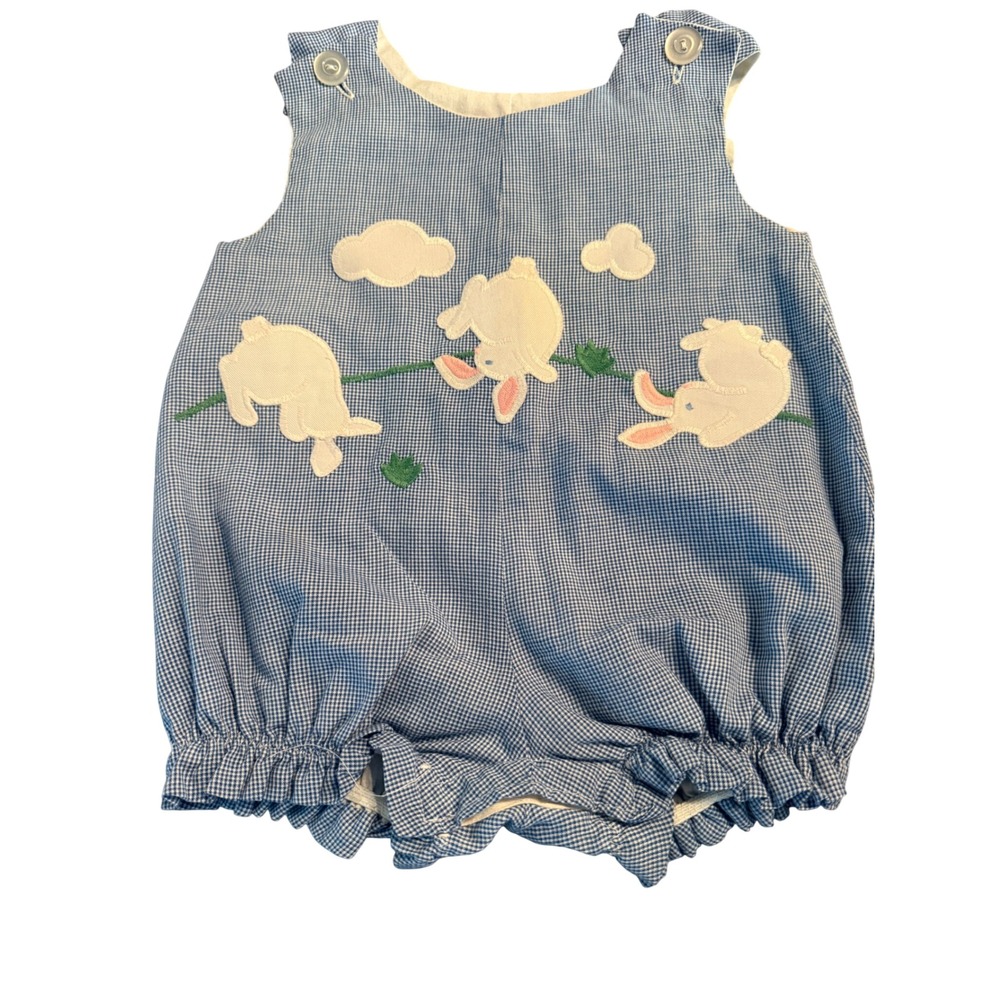 Kellys Kids Blue Gingham Bunny Rabbit Bubble Romper Vintage 12M heritage classic